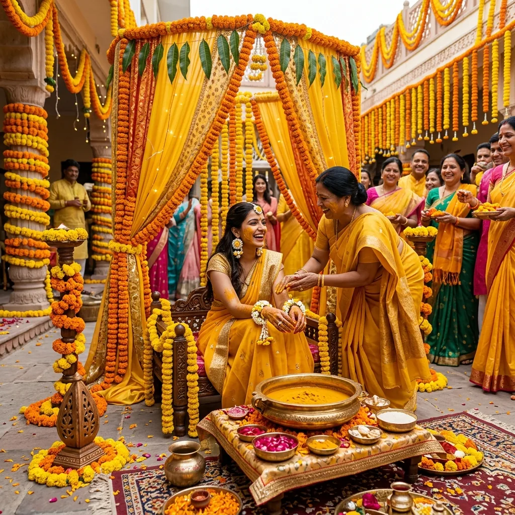 Vibrant Haldi Rassam Ceremony Decor with Urli and Marigold